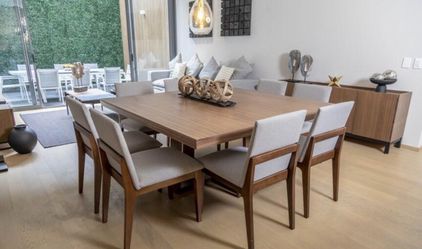 Large Square Walnut Dining Table with 8 Chairs