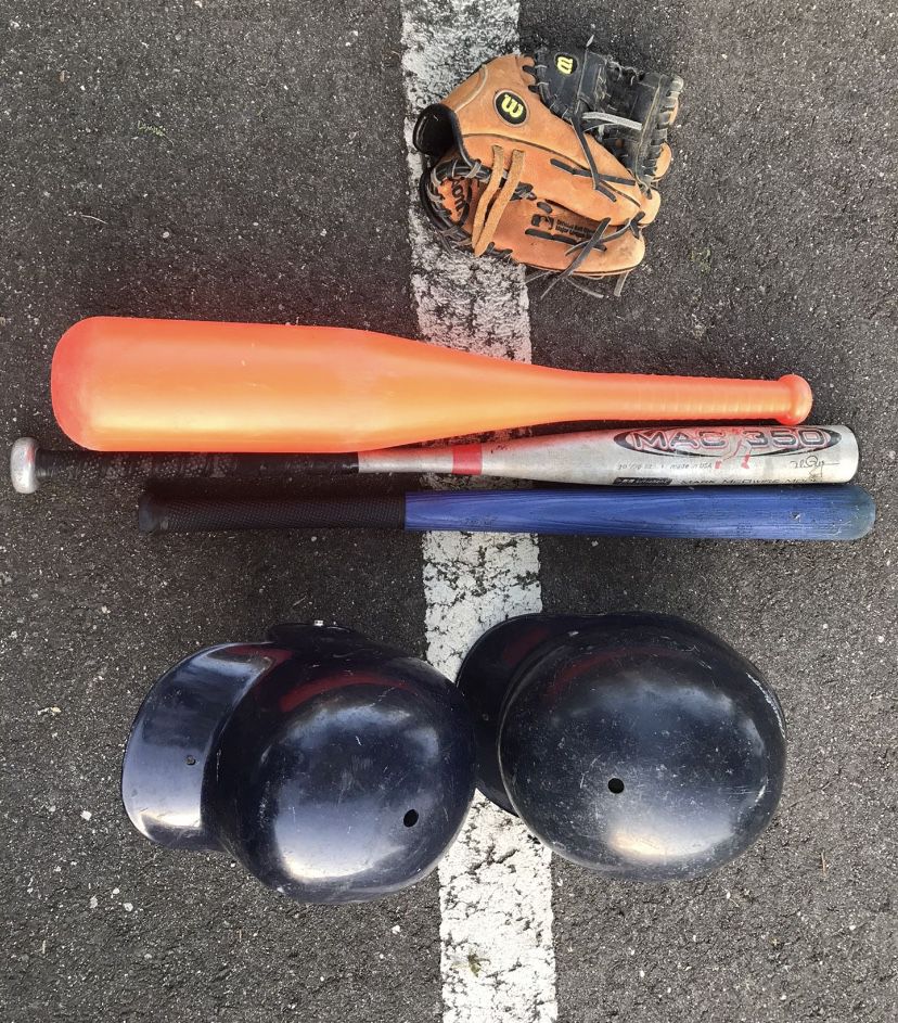 Youth baseball gear, 2 helmets, glove, 3 different bats