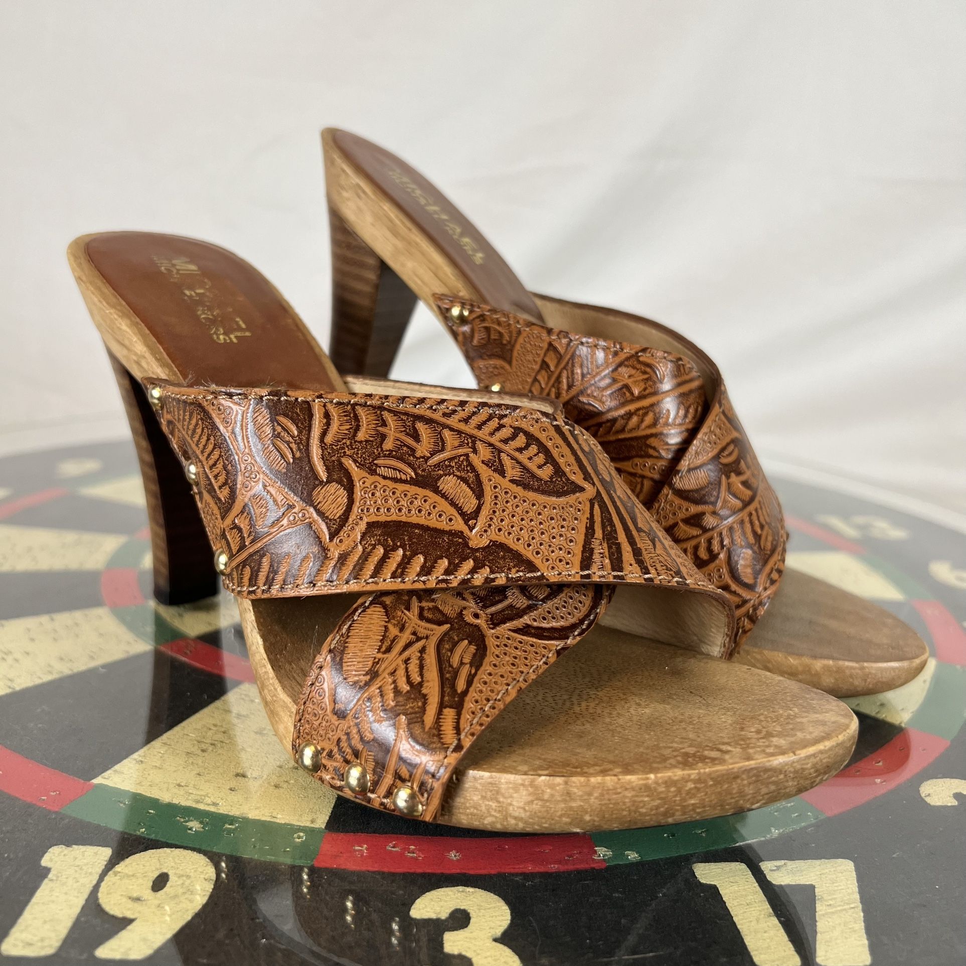 Michael Kors Tooled Leather Wooden High Heels Shoes Sandals Women’s Size 6M