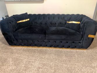 Black Velvet Tufted Sofa, Loveseat, Chair, TV Stand with Electric Fireplace & Bluetooth Speaker
