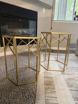 Set of 2 Gold Hexagon Mirrored Side Tables
