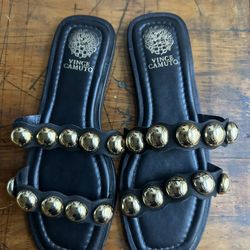 Vince Camuto Black Leather Slide Sandals with Gold Studs Size 8.5