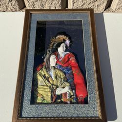 Vintage Japanese 3D Textile Art Shadow Box – Framed Kimono Couple Wall Decor