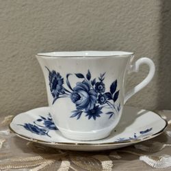 Elizabethan Tea Cup Saucer Set Blue Roses White Bone China Teacup Taylor & Kent
