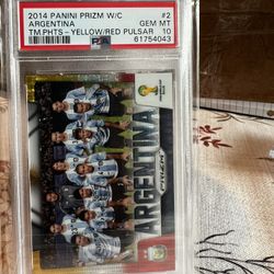 2014 panini prizm W/C ARGENTINA # 2 TM.PHTS -YELLOW / RED PULSAR PSA 10 