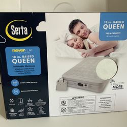 Serta NeverFLAT Fabric Series Raised with Internal Pump and Plush Air Mattress  18" Queen (Beige) Inflatable 