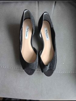 Nina Black Rhinestone Peep-Toe Heels