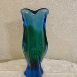 Bohemia Czech Republic Glass Vase Twisted Base Green Blue Flared Vintage.  Approximately 11.25” tall and 4.5” across the top and weighs about 4.5lbs i