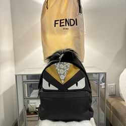 FENDI Monster Eye Backpack in Black/Gray with Fox/Goat Fur Trim + Dust Bag