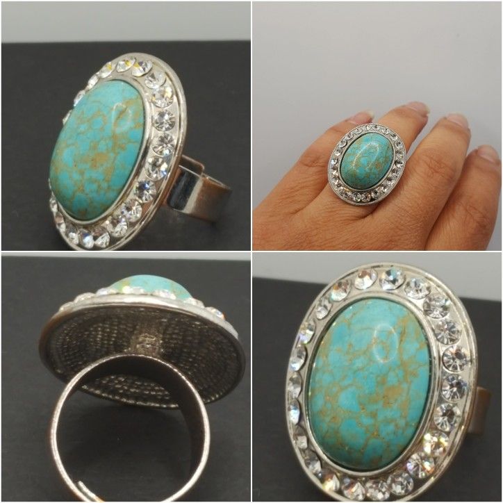 Gorgeous Vintage Turquoise, Crystal Ring, adjustable, Cocktail antique Ring.