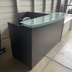 Brown L Shaped Reception Desk With Floating Glass And Matching Pedestal 