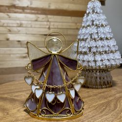 Glass Angel Purple Stained Gold Plated tealight candle holder with white hearts