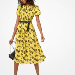 MICHAEL MICHAEL KORS Yellow And Black Botanical-Print Crepe Dress Women's Size S