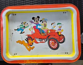VINTAGE 1960S 1970S MICKEY MOUSE AND FRIENDS. MINNIE DRIVING RED ANTIQUE CAR PLUTO,GOOFY, AND NEPHEW.