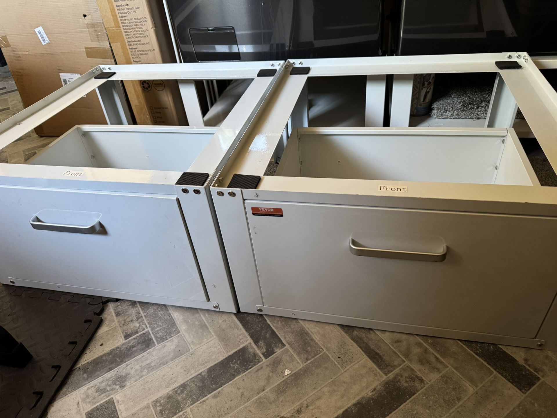 Set of 2 Laundry Pedestals with Drawer Washer and Dryer Stands - White - New No Box