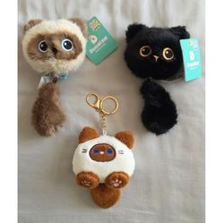Plush Cat Pull Tail Keychain Bag Charm 3pc Set, New