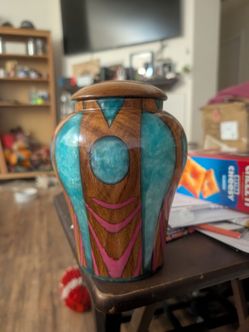 Handcrafted Wood and Resin Decorative Urn