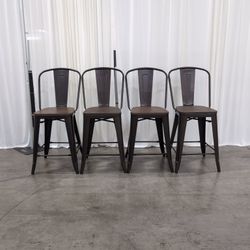 Set of 4 Bronze Metal Bar Stools with Wood Seats