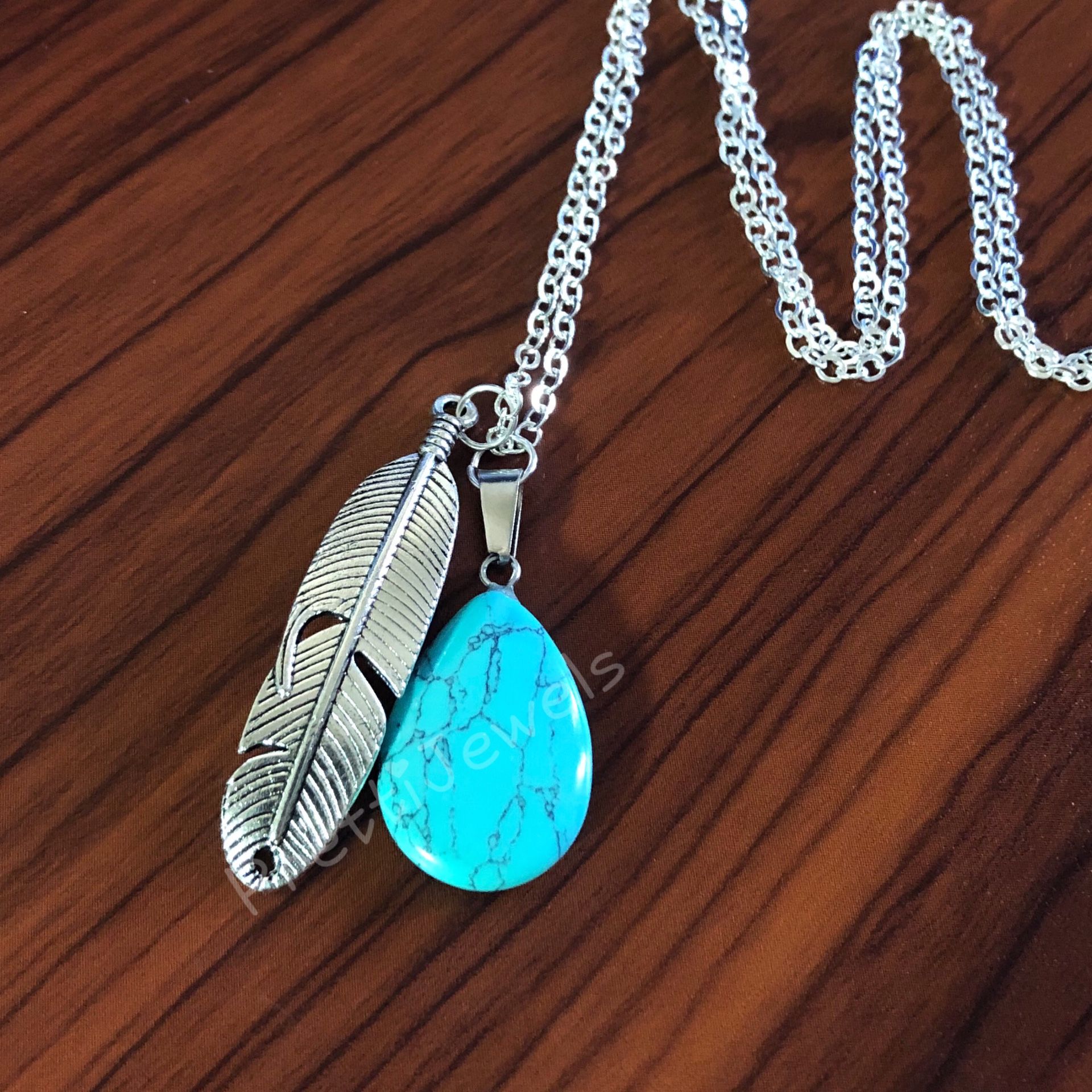 New Feather Turquoise Drop Gemstone Long Necklace 24”