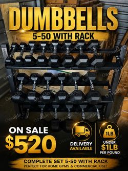 NEW DUMBBELLS 5-50 PAIRS WITH RACK