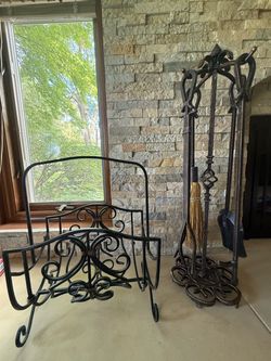 Antique Fireplace tools and log rack set