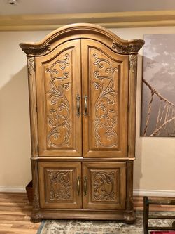 Two Piece Medium Oak Cal King Bedroom Set (Armoire & King Size Bed Frame)