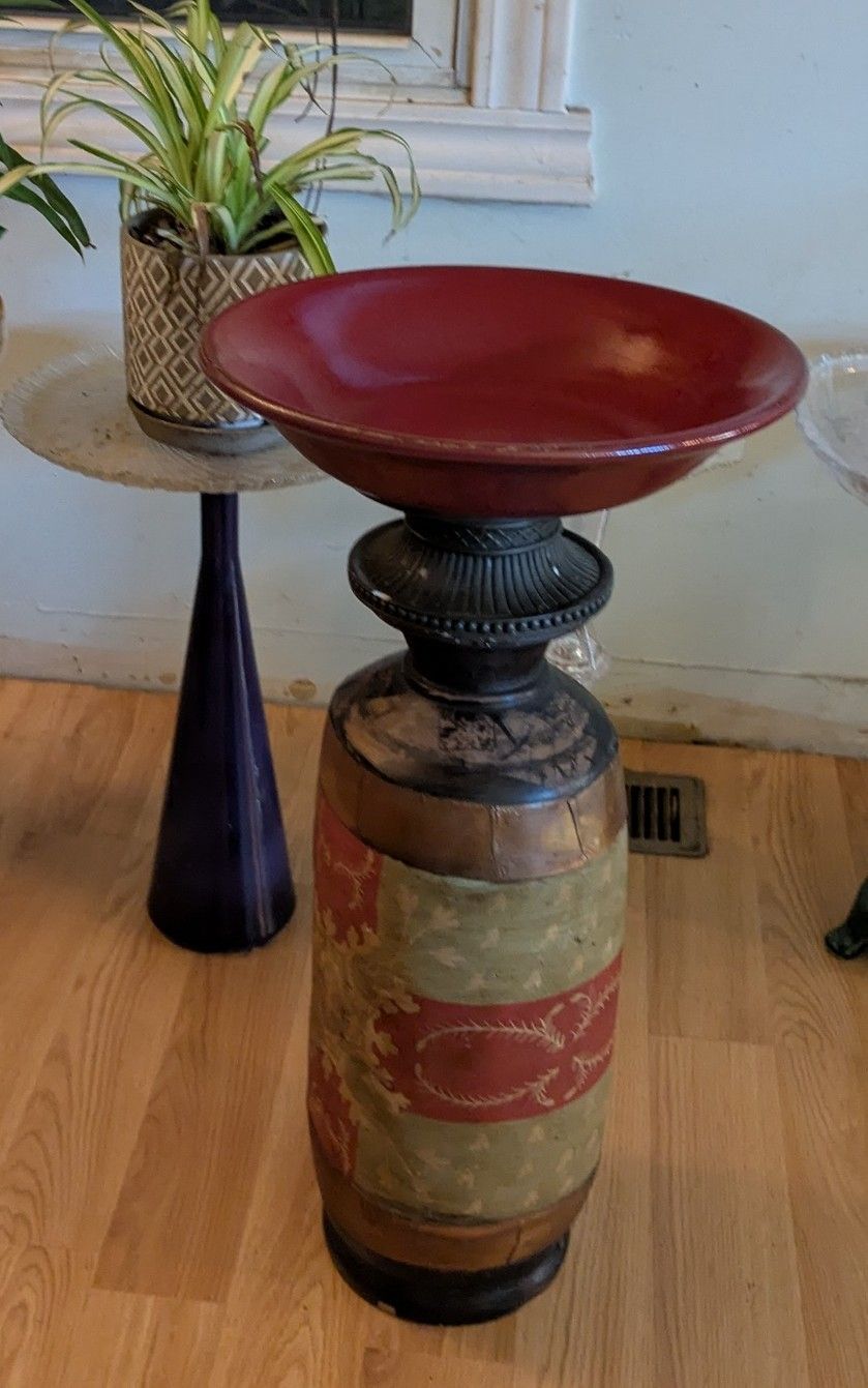 26" tall birdfeeder birdbath for yard garden with ceramic glass bowl on top using upcycled materials
