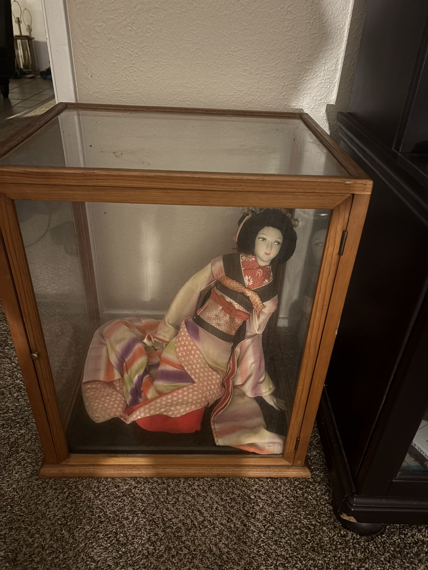 Asian Antique Doll In Glass Case
