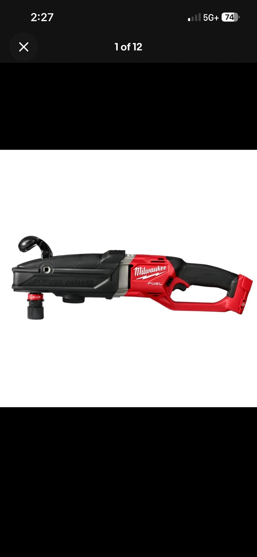 Milwaukee 2811-20 M18 FUEL 18V Super Hawg Right Angle Drill Quik-Lok - Bare Tool (no battery included/ batería no incluida)