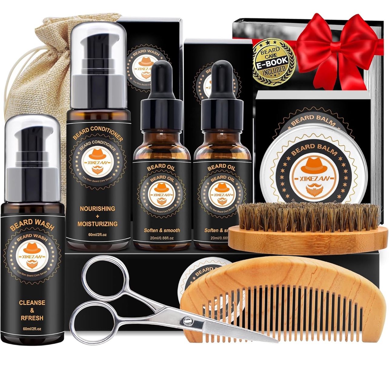 Beard Kit for Men Grooming & Care w/Beard Conditioner, Wash, Oil, Balm, Brush, Comb