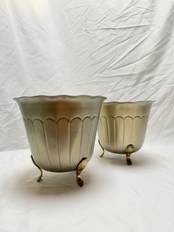 Vtg Art Nouveau Style Footed Cachepots / Planters (2)-Silver Tone with Brass Feet