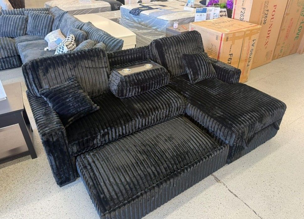 Black Jumbo Corduroy Convertible Sectional Pull Out Sofa with Fold Down Table & Cup Holder + USB Port + Storage Chaise