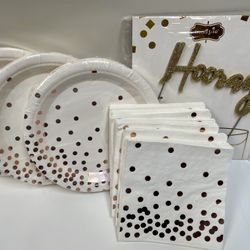 Rose Gold Polka Dot Paper Plates and Napkins & Hooray Cake Topper, 75  7” plates