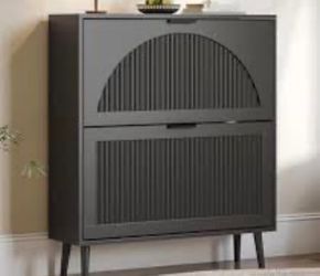 Black 2-Tier Flip Drawer Shoe Storage Cabinet with Adjustable Shelves & Fluted Front