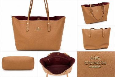 New Coach F26878 Reversible City Tote Bag Pebbled Leather Tan/Burgundy Gold Hardware