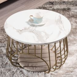 Round Coffee Table, 2-in1 End Table & Pet Bed, Cocktail Table MDF Top White Marble Pattern Gold Metal Frame
