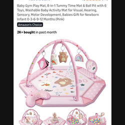 Baby Gym Play Mat, 8-in-1 Tummy Time Mat & Ball Pit with 6 Toys, Washable Baby Activity Mat for Visual, Hearing, Sensory, Motor Development, $30