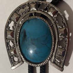 Vintage Bolo Tie Silver And Turquoise Stine Horseshoe Design Thumbnail