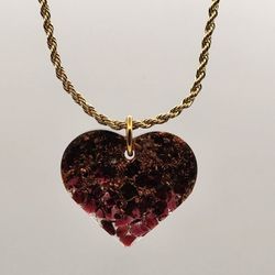 Heart Energy Orgonite Pendant – EMF Protection, Garnet, Onyx, Rose Quartz, Golden finish Chain, One-of-a-Kind

