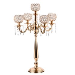 VINCIGANT 5 Arm Gold Candelabra Centerpieces With Crystal For Wedding Tables,29.5inches Tall Metal Candlestick Candle Holders For Christmas Party Dinn