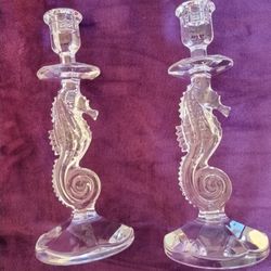 Pair Of Waterford Sea Horse Crystal Candlestick Holders 11.5 inches Tall