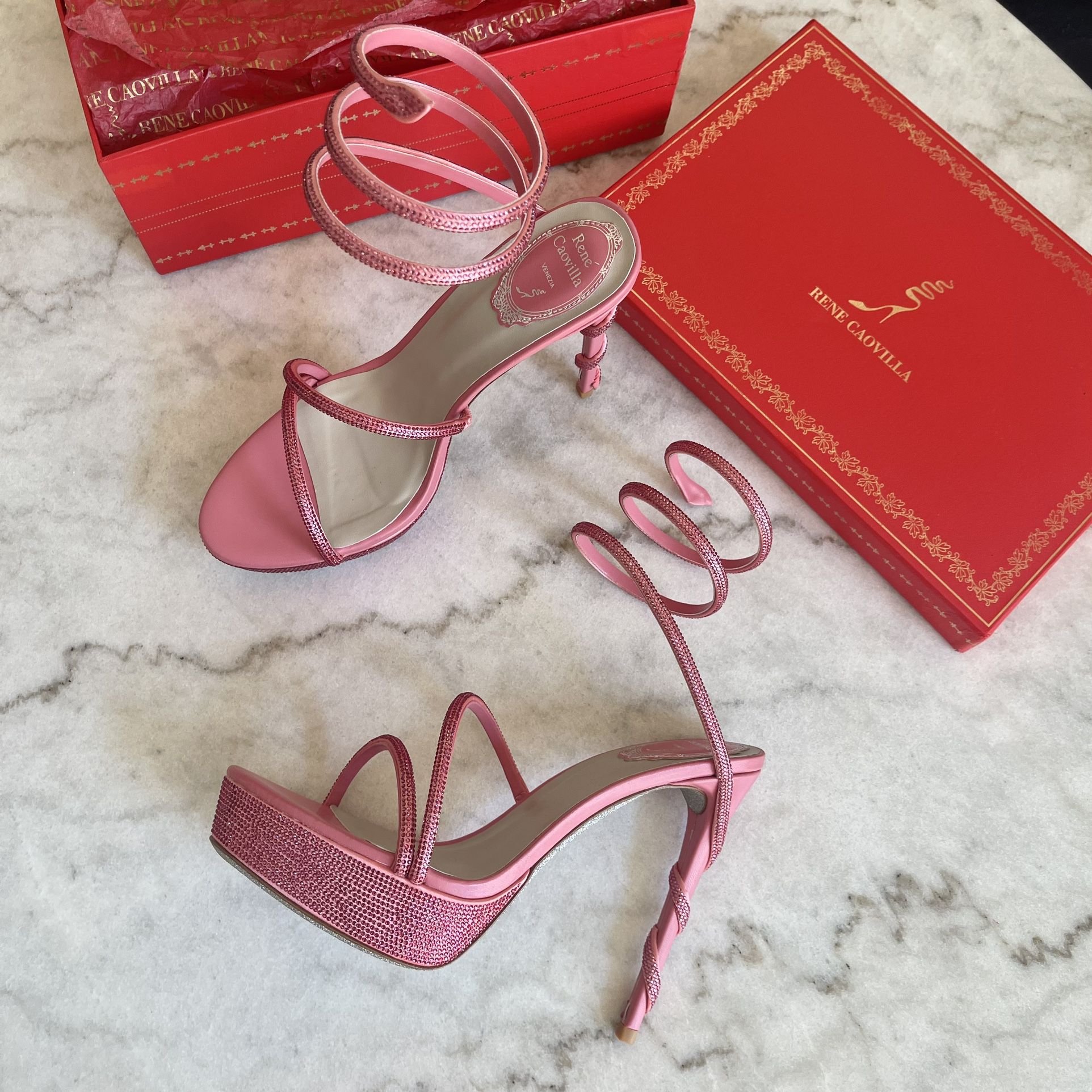 Rene Caovilla 39 US 9 Margot Pink Platform Crystals Snake Wrap Cleo Heels Shoes
