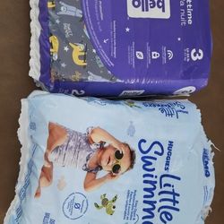 Two open packets size 3 night diapers and swimming diapers.
