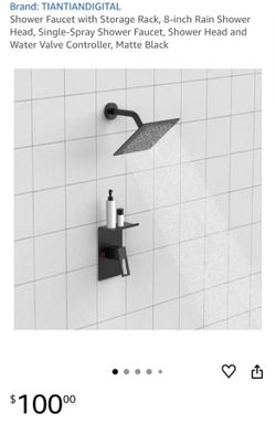 Shower Faucet with Storage Rack, 8-inch Rain Shower Head, Single-Spray Shower Faucet, Shower Head and Water Valve Controller, Matte Black