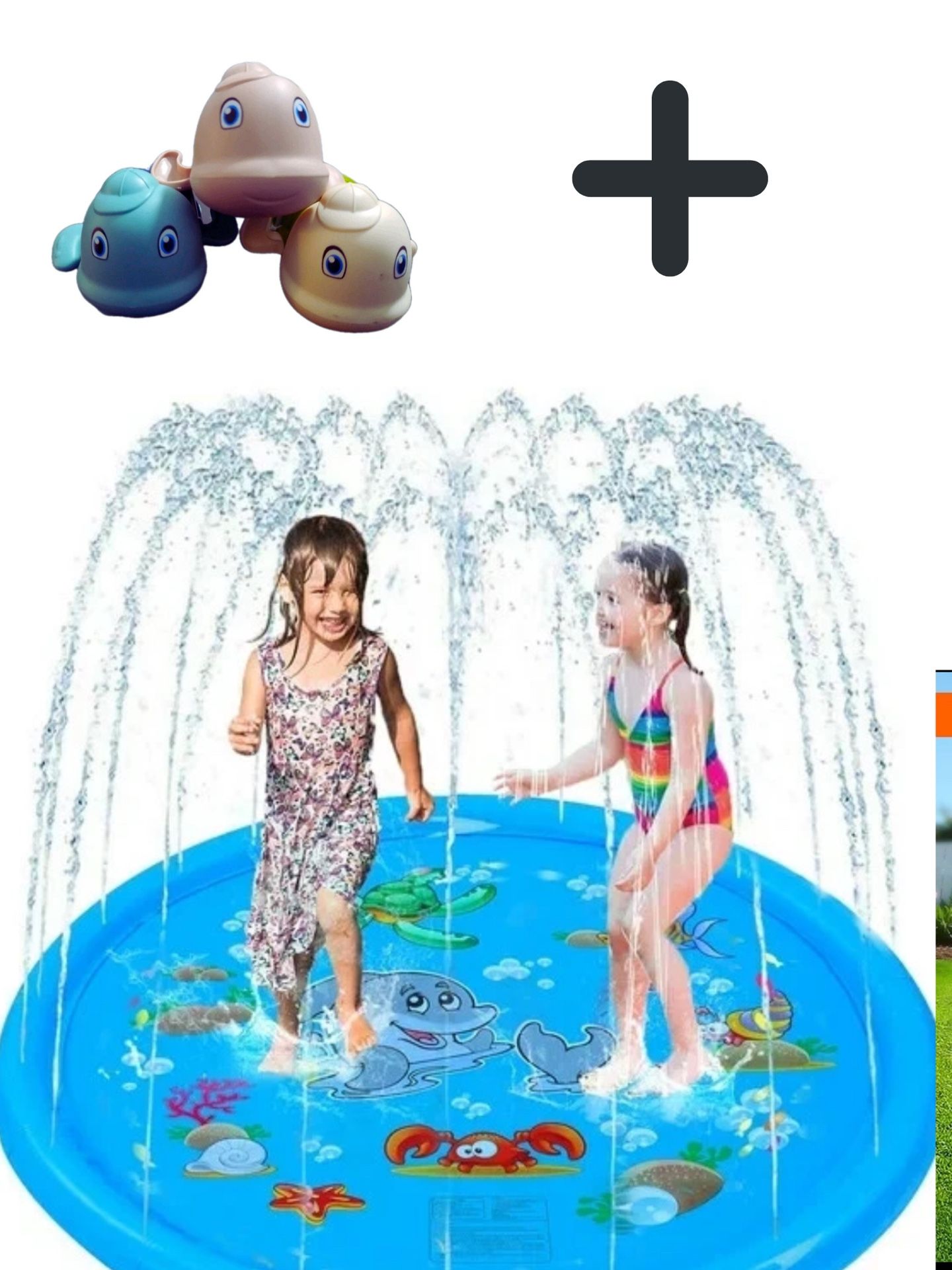 Happy Summer Toys - Durable 110-Inch Water Sprinkler Pad for Kids & Pets Summer Outdoor + 3 turtles