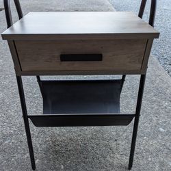 LIKE NEW!! Modern, Metal Nightstand with Drawer and Leather Storage Rack | 16"  Wide