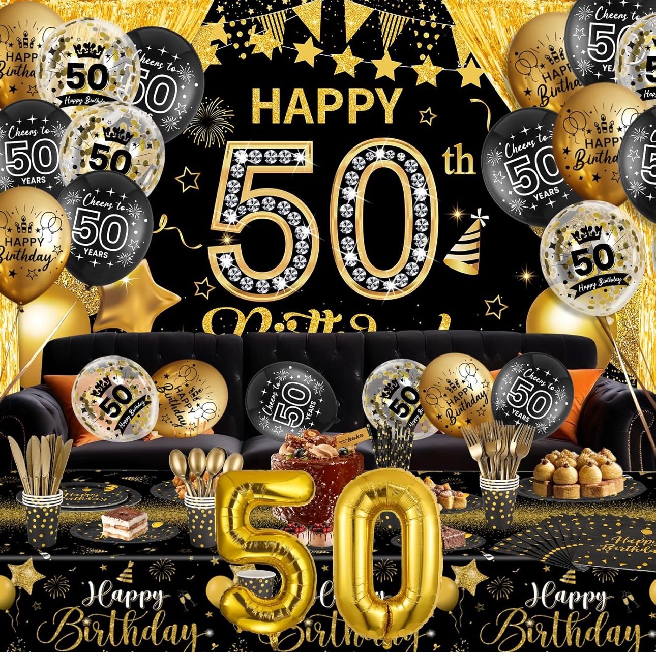 50th Birthday Decorations for Men Women,131PCS Black Gold 50th Birthday Party Supplies with Black Gold Happy 50th Birthday Banner Balloons Napkins Cup
