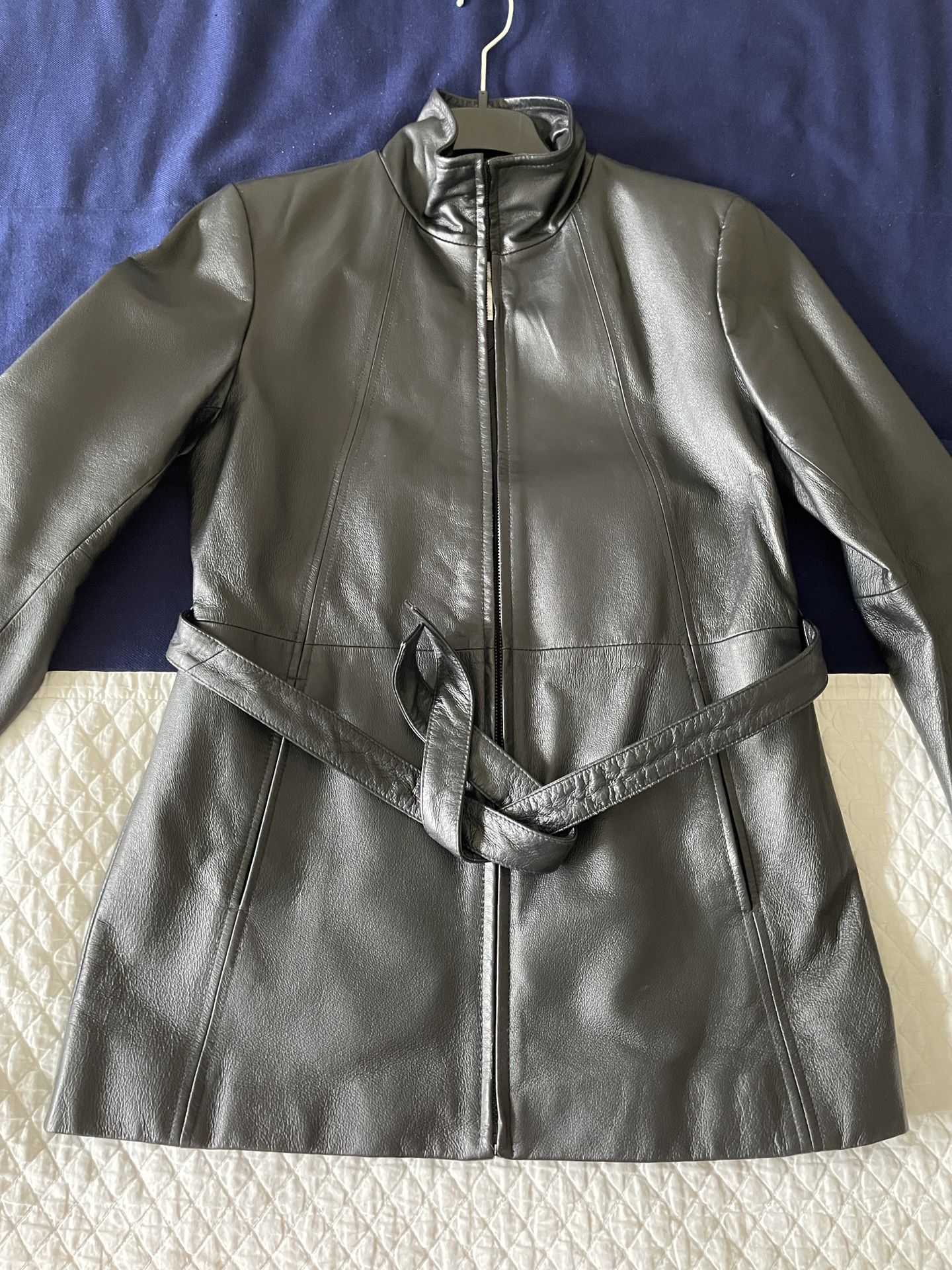 Likew New! Leather Jacket - Women’s- Black - Size Small - With Belt - Below Hip - Warthington