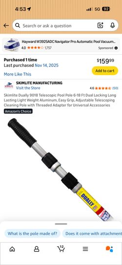Skimlite Dually 9018 Telescopic Pool Pole 6-18 Ft Dual Locking