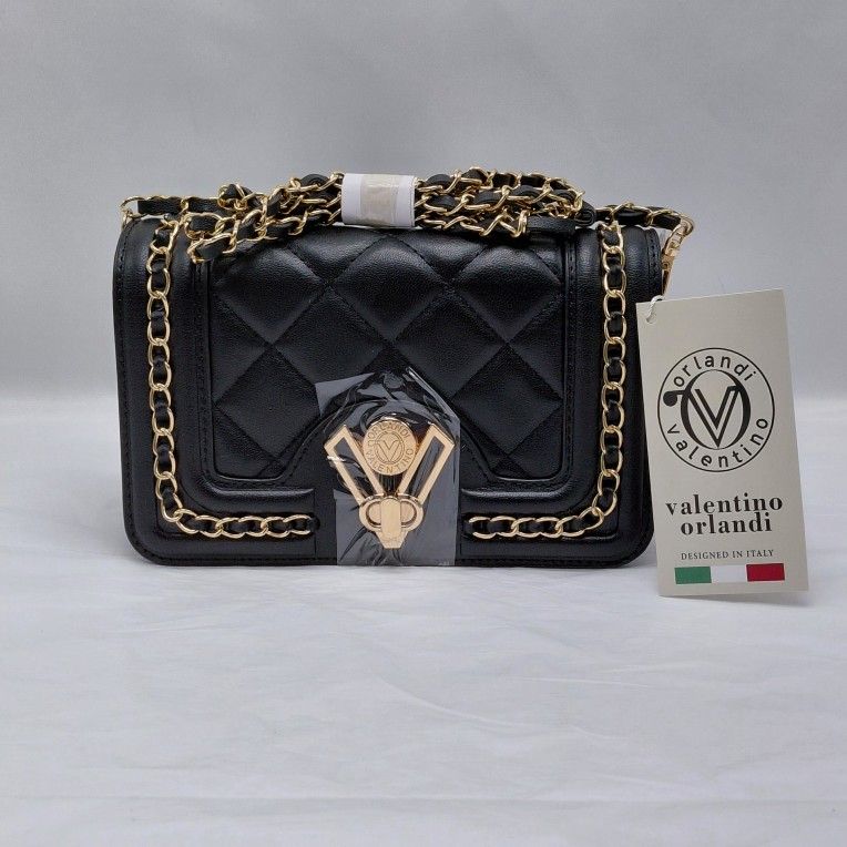 Valentino Orlandi Designer Black Diamond Quilted Crossbody Small Shoulder Bag